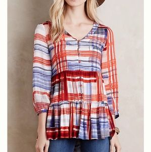 Maeve Anthropologie Lila Tiered Tunic Top Blouse Plaid Peplum Button Up Size S